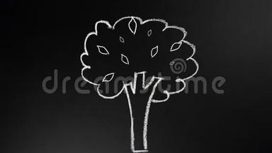 手在画板上用粉笔画一棵树，画板上出现树叶，花朵，蝴蝶.. 动画。